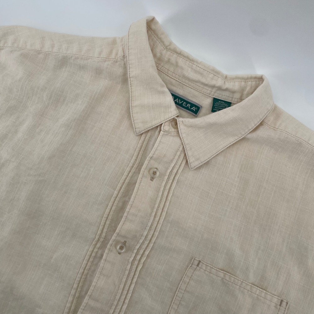 Cubavera Button Down Shirt Mens XXL Beige Linen Cotton Pintuck Short Sleeve